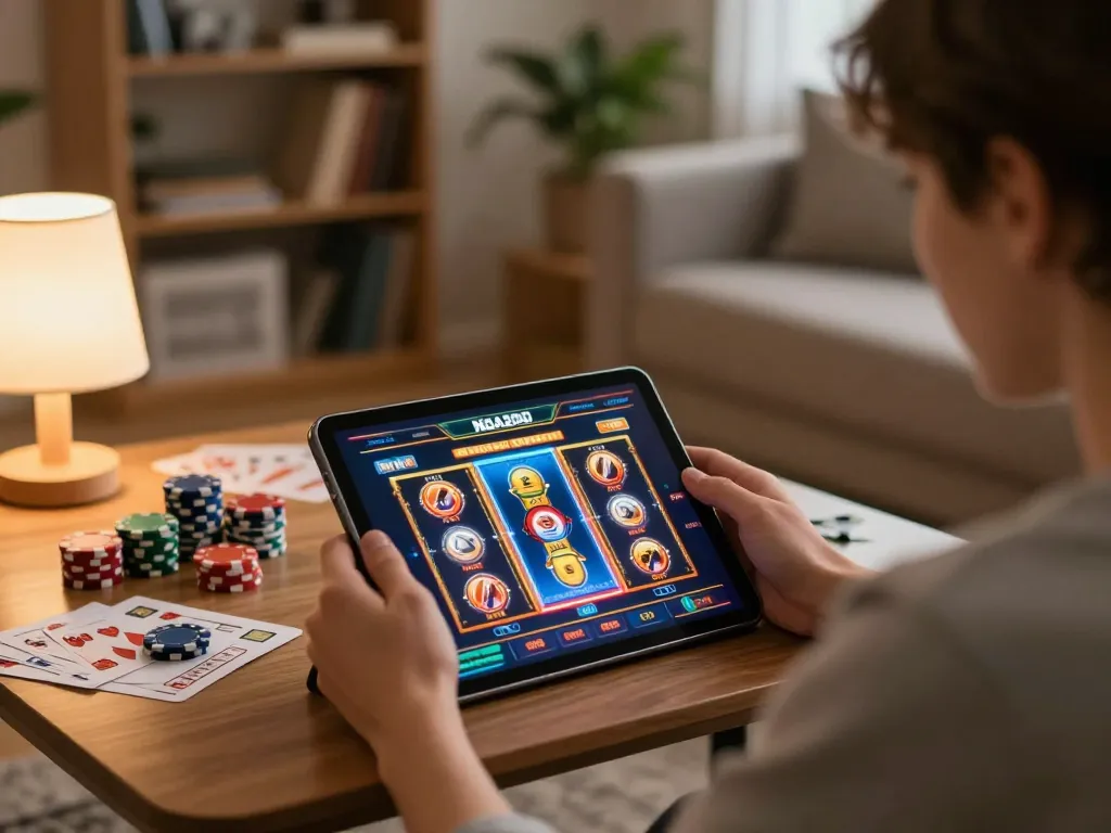 NAGA2000 player strategizing bets on a tablet with vibrant slot game display in cozy home