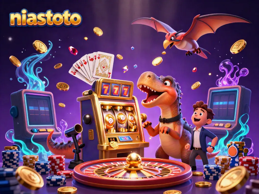 NIASTOTO jackpot scene with cartoon dinosaurs, golden slot machine, and flying coins