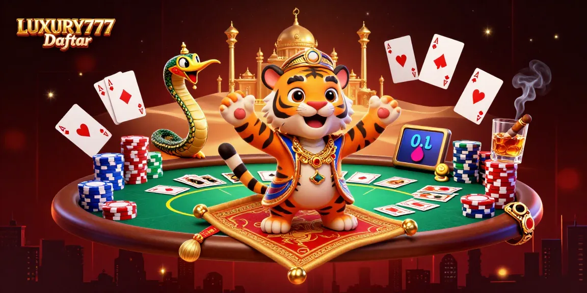 Gambarkan keseruan permainan dengan LUXURY777 Daftar yang menampilkan sultan macan dan detail permainan poker.