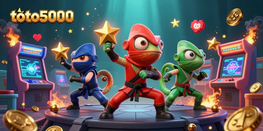 Experience thrilling gameplay with toto5000 as ninja chameleons showcase synchronized martial arts on a vibrant gaming rooftop.