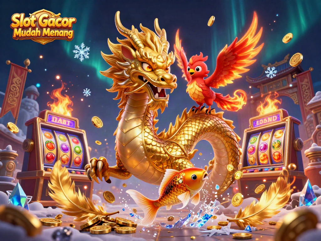 Slot Gacor Mudah Menang menghadirkan ilustrasi kasino 3D dengan naga emas dan phoenix merah di tengah tumpukan koin.