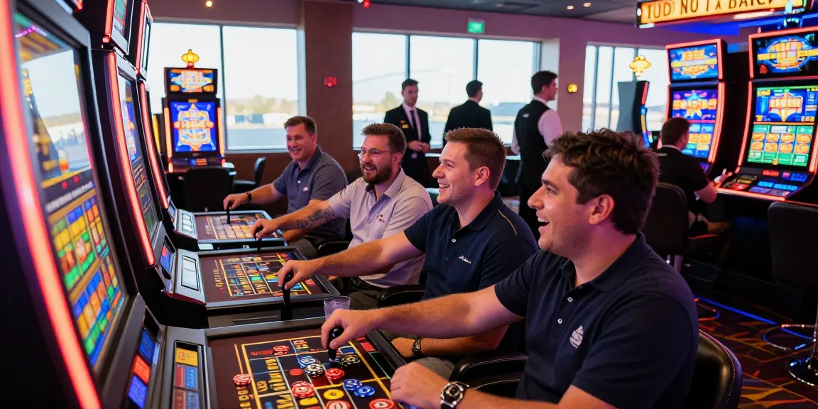 Exciting gambling scene with players engaging around a vibrant slot machine.