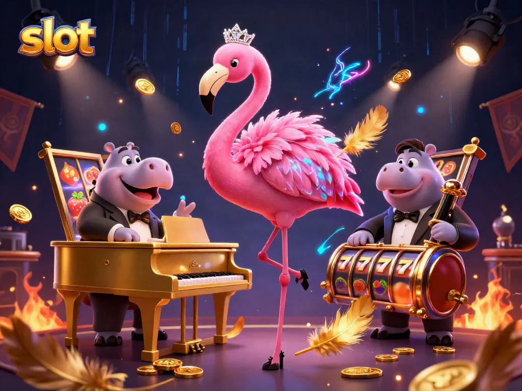 Menangkan slot dengan mesin slot yang berputar di atas tumpukan koin emas dan elemen kasino lainnya.