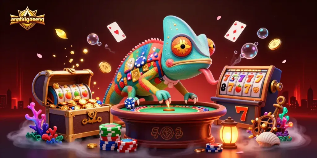 Anabulganteng menjadi kasino daring dengan chameleon kartun dan slot mesin yang bersinar.