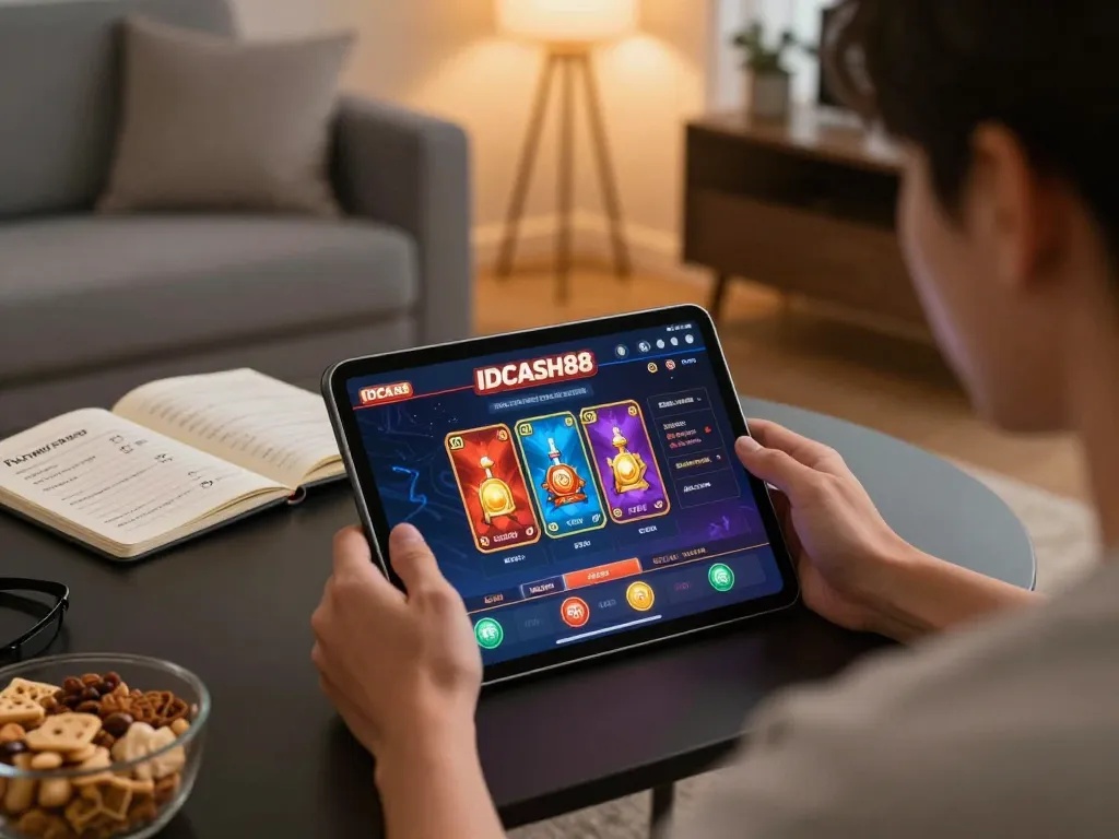 Engaging in online gameplay on IDCASH88 gaming platform from a cozy living room setup.
