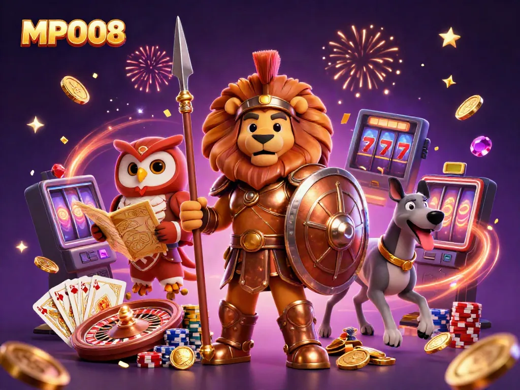 MPO08 showcases a dynamic scene with a Spartan lion, tactical owl, and swift greyhound amidst casino elements.