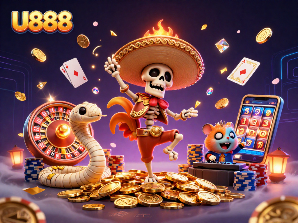 U888 showcases lively casino action with characters celebrating on coins, featuring vibrant gaming elements.