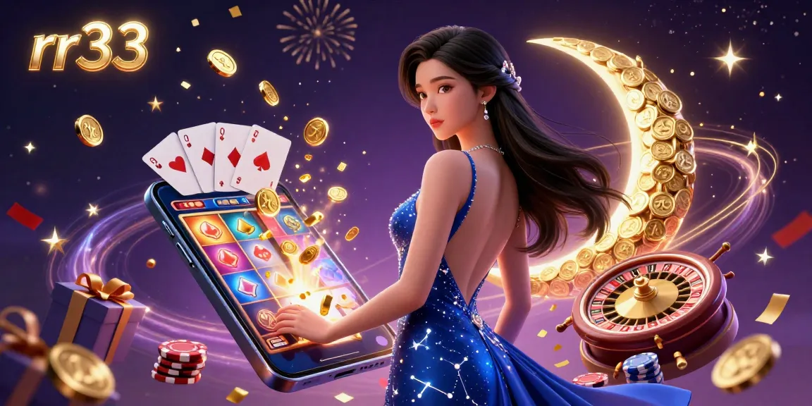 Experience the thrill of rr33 with an elegant Asian woman in a casino scene surrounded by vibrant gaming elements.
