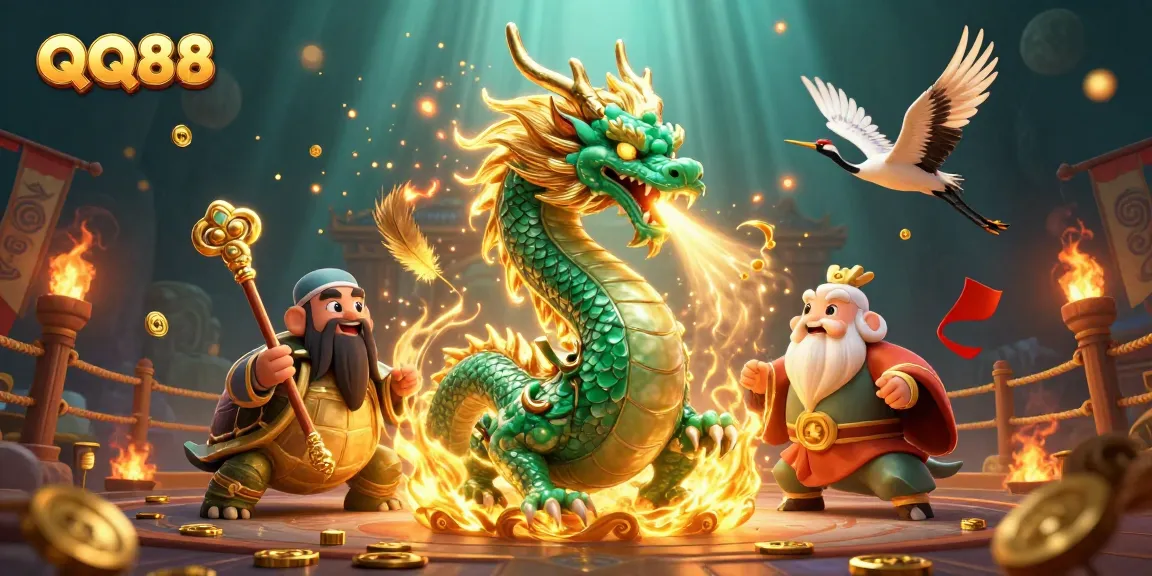Experience thrilling action with QQ88's vibrant dragon and wise turtle in an energetic casino scene.