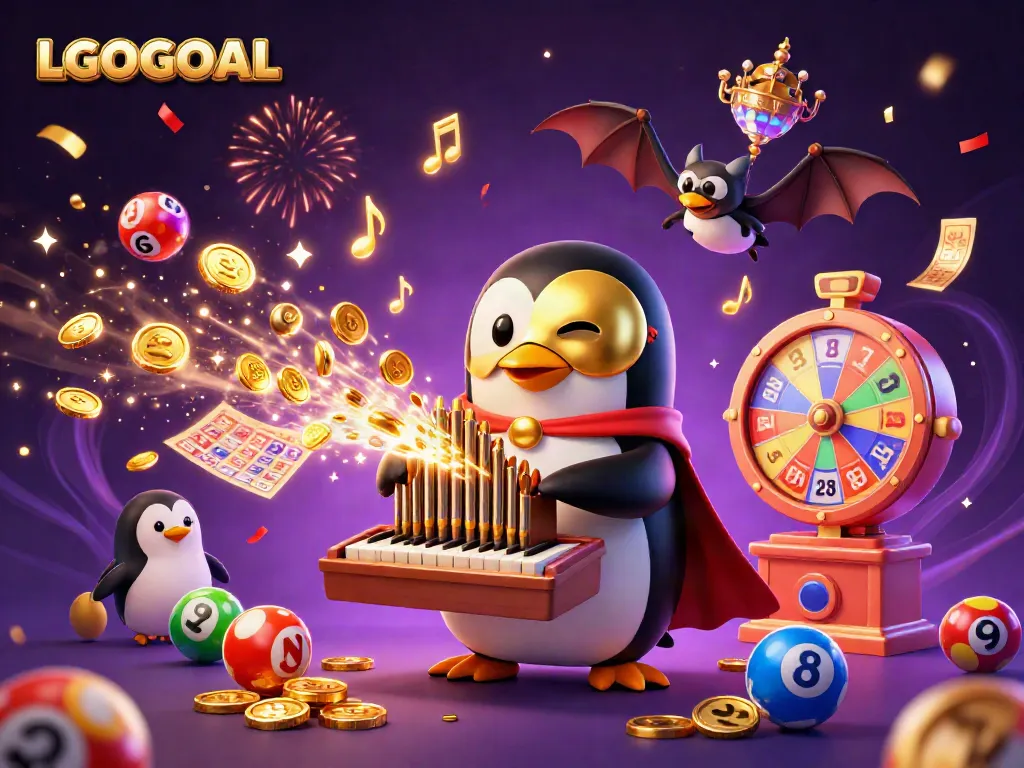 Engage in dynamic gameplay with LGOGOAL's vibrant casino scene featuring golden coins and colorful lottery elements.