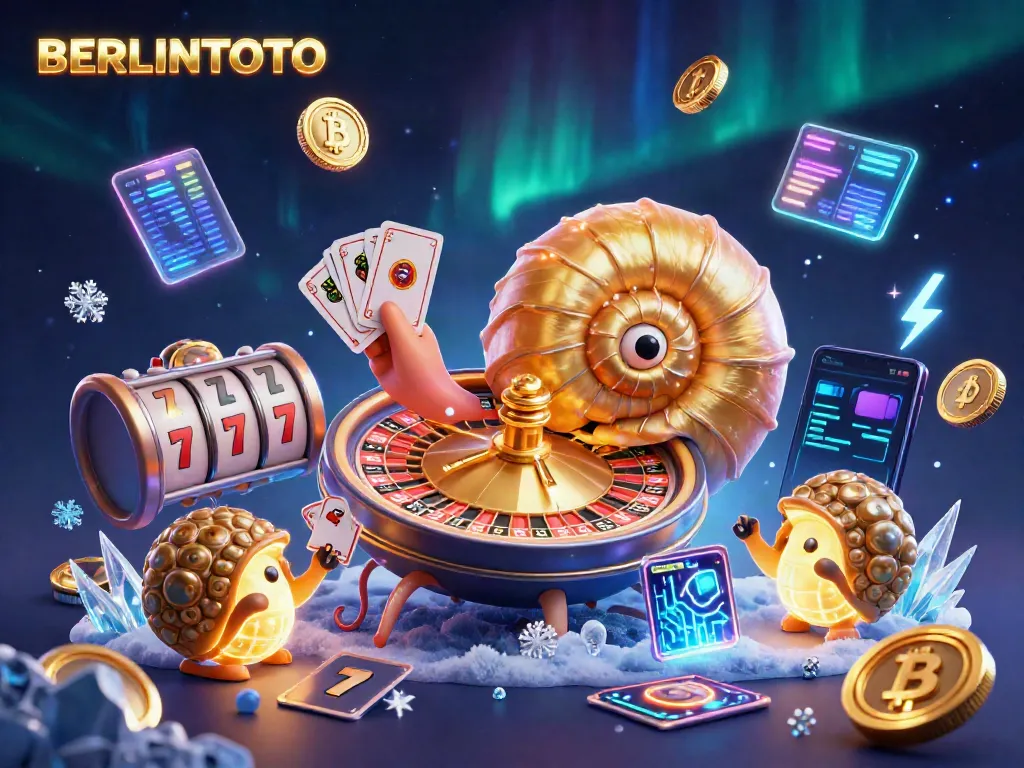 Engage with BERLINTOTO's vibrant casino universe featuring a roulette-inspired nautilus and neon crypto coins.