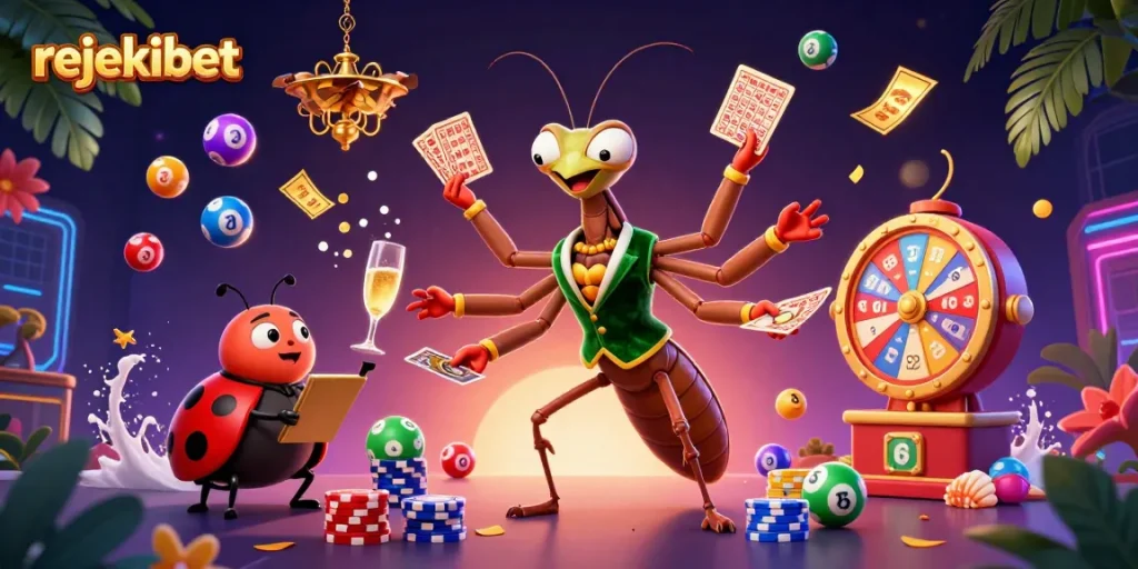 Engage with rejekibet's thrilling games through a vibrant 3D casino scene with dynamic visual elements.