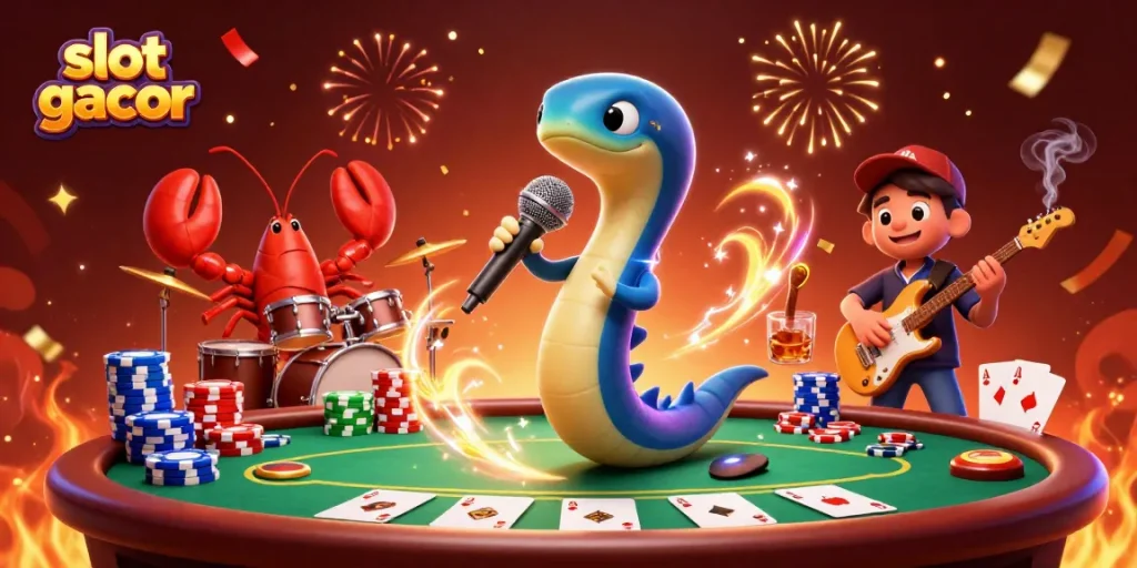 Slot gacor menghibur dengan ilustrasi 3D, menampilkan ikan belut DJ di panggung kasino bawah laut.
