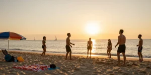 Tampilkan suasana ceria di pantai saat senja dengan teman bermain voli, mengaitkan Link LUXURY777 dalam kebersamaan dan kebahagiaan.