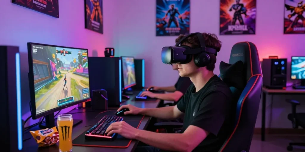 Penggemar permainan ligagalaxy mengenakan headset VR, dikelilingi perangkat gaming modern dan makanan ringan
