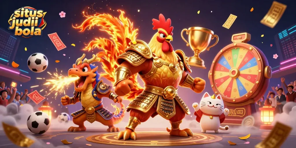 Engage with the situs judi bola scene featuring a fiery rooster warrior and armored dragon in a vibrant betting environment.