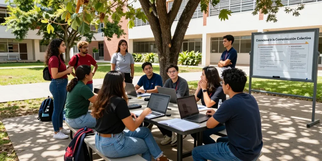 Students discussing media topics at Escuela Ciencias de la Comunicación Colectiva, showcasing the vibrant atmosphere of slot gacor education.