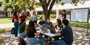 Students discussing media topics at Escuela Ciencias de la Comunicación Colectiva, showcasing the vibrant atmosphere of slot gacor education.
