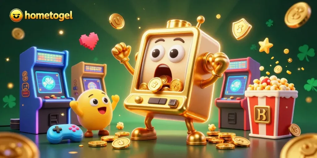 Experience the excitement of hometogel with animated slot machines celebrating a jackpot.