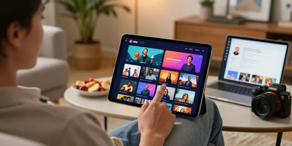 Pengguna menikmati platform dengan performa stabil di ruang tamu yang nyaman dengan tablet dan laptop.