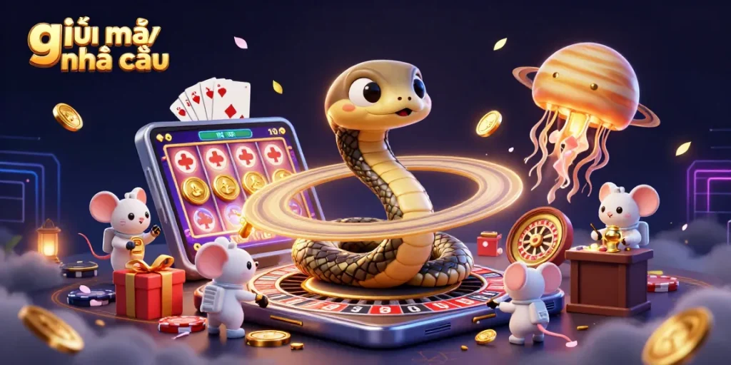 Engaging scene depicting giải mã nhà cái with betting astronaut mice around a cosmic roulette wheel featuring Saturn as a gambling theme.