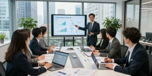 Team discussing link slot investment strategies in modern conference room